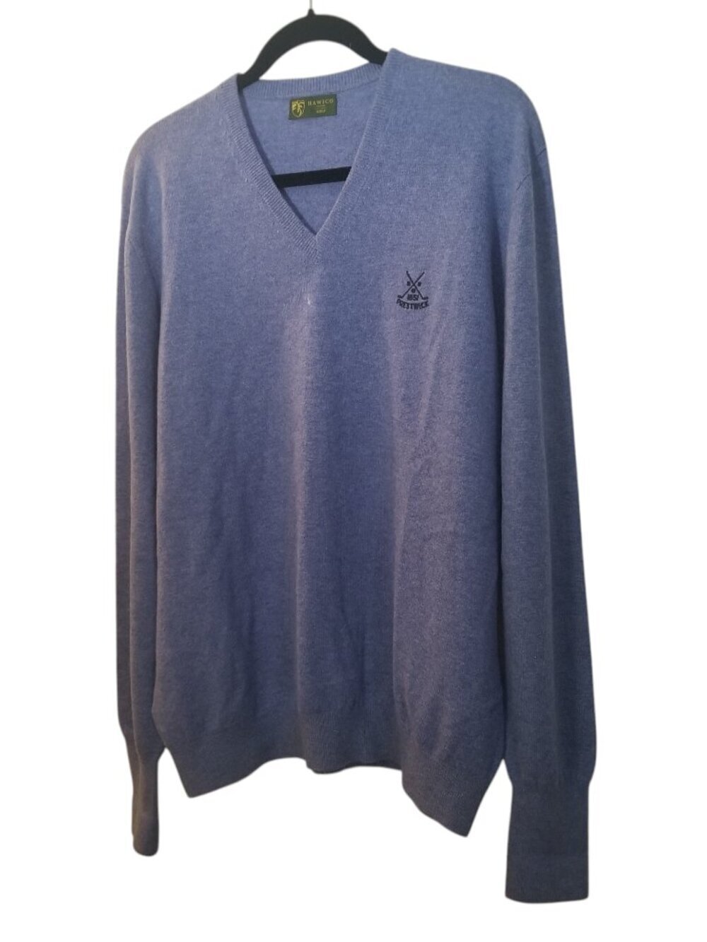 Hawico Men's Cashmere Golf V-Neck Made in Scotland Sweater Prestwick Logo Sz L